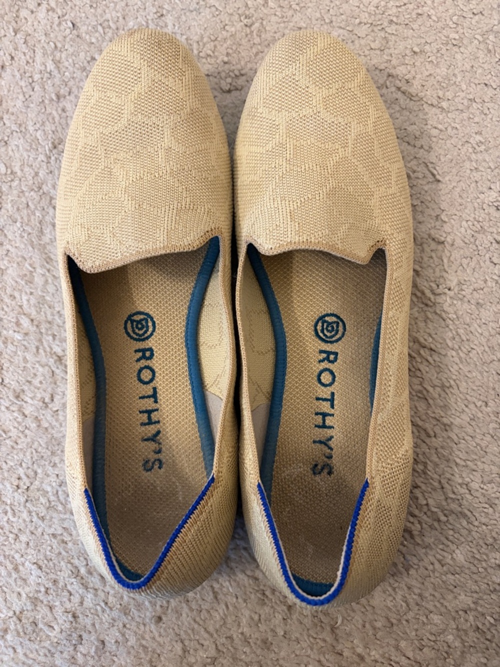 Rothy's Neutral Tan Knit Slip-On Flats with Blue Trim